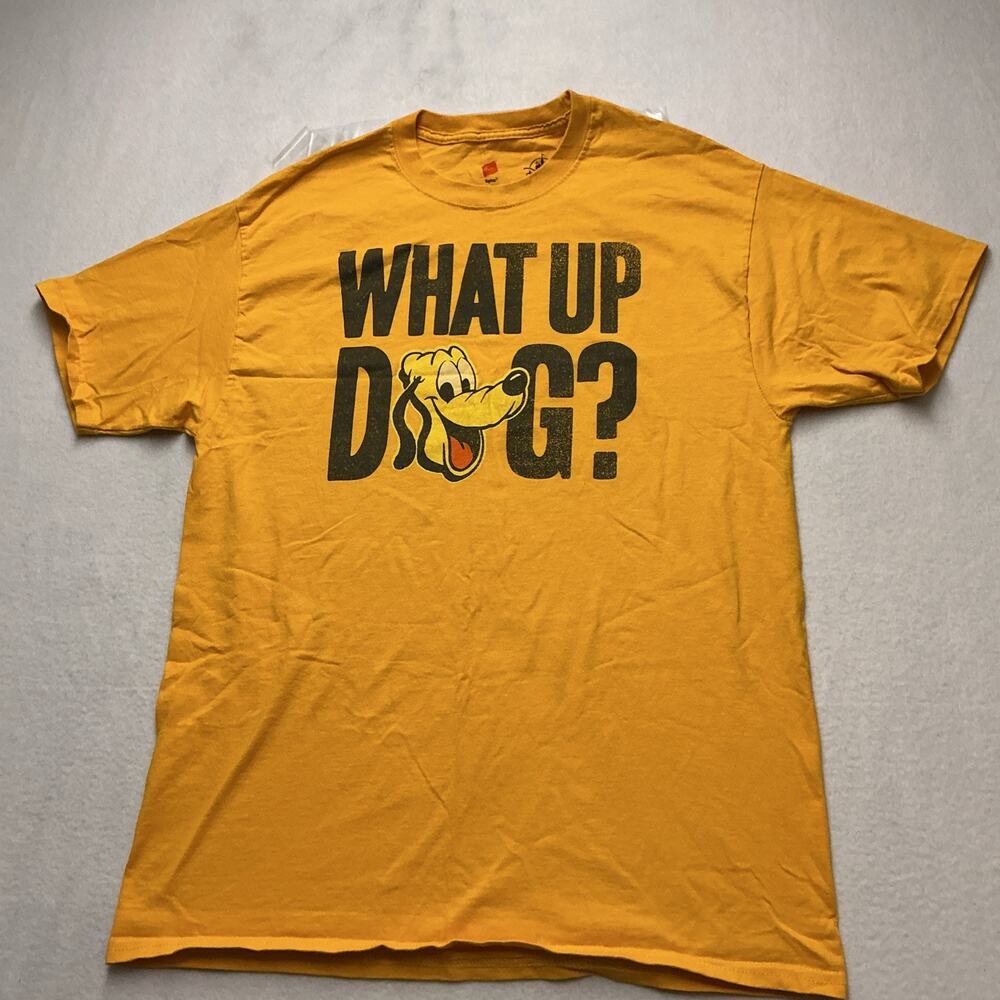 Disney Parks What Up Dog? Pluto Hanes Short Sleeve T-Shirt Size L Yellow ,4055